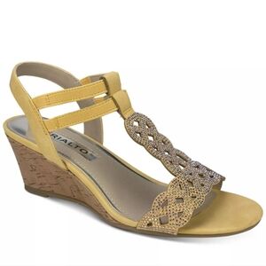 RIALTO Womens Yellow Laser Cut Carta Round Wedge Slip On Slingback Sandal 7.5